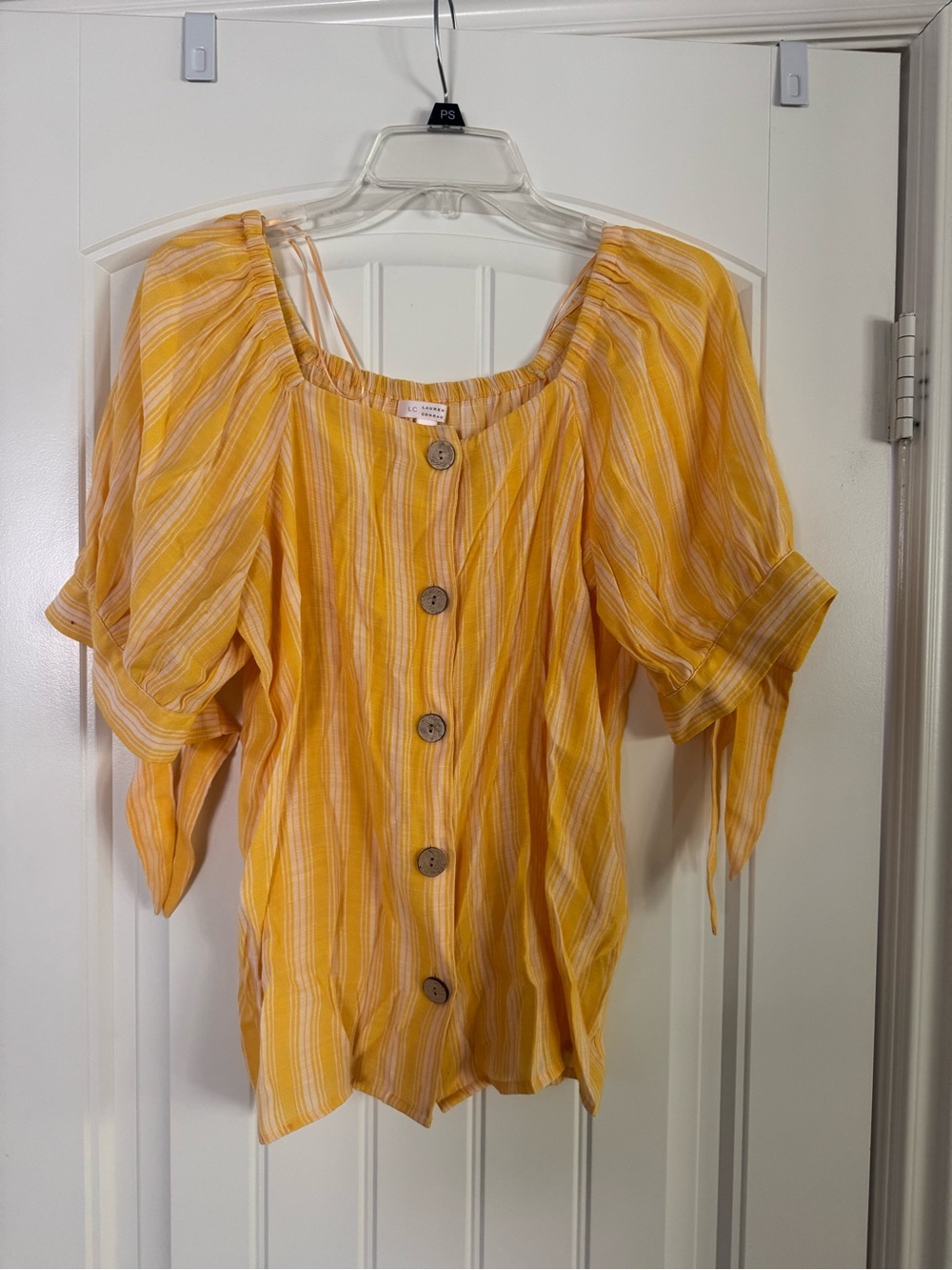 LC Lauren Conrad Yellow Striped Square-Neck Button Blouse
